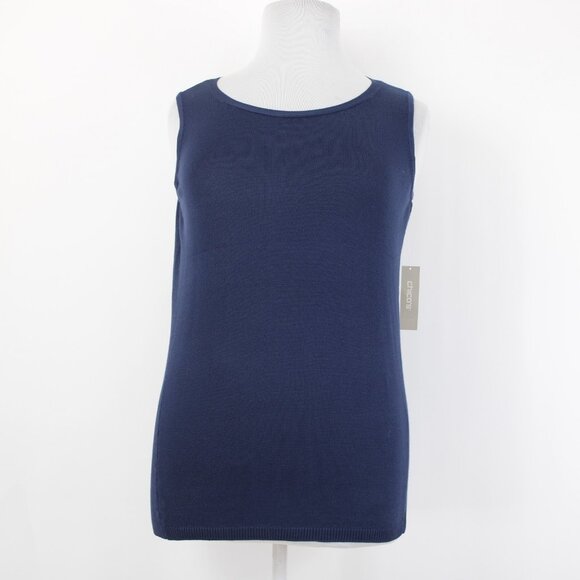 Chicos Top $50 Sz 2 Navy Blue Rib Trim Detail Tank Rayon Top - Picture 2 of 12